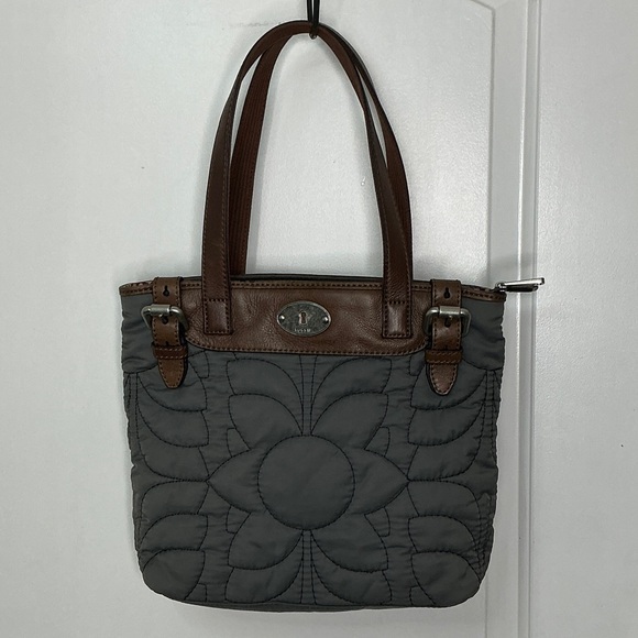 Fossil Gray Quilted Tote with Brown Leather Straps #268 - Picture 1 of 1